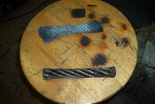 High carbon spring steel cable on top; low carbon on bottom